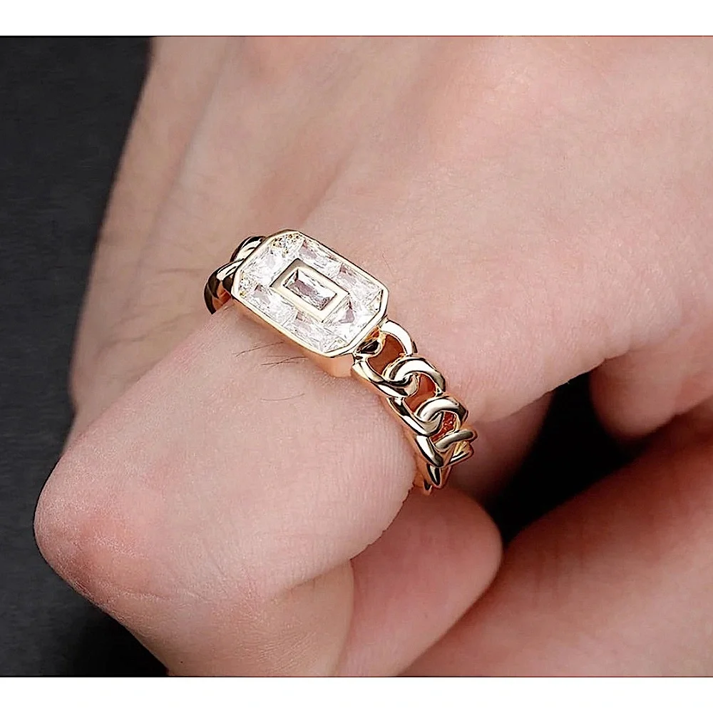 Unisex 14k Gold Filled Chain Rectangle Simulated‎ Diamond Ring, Adjustable NEW